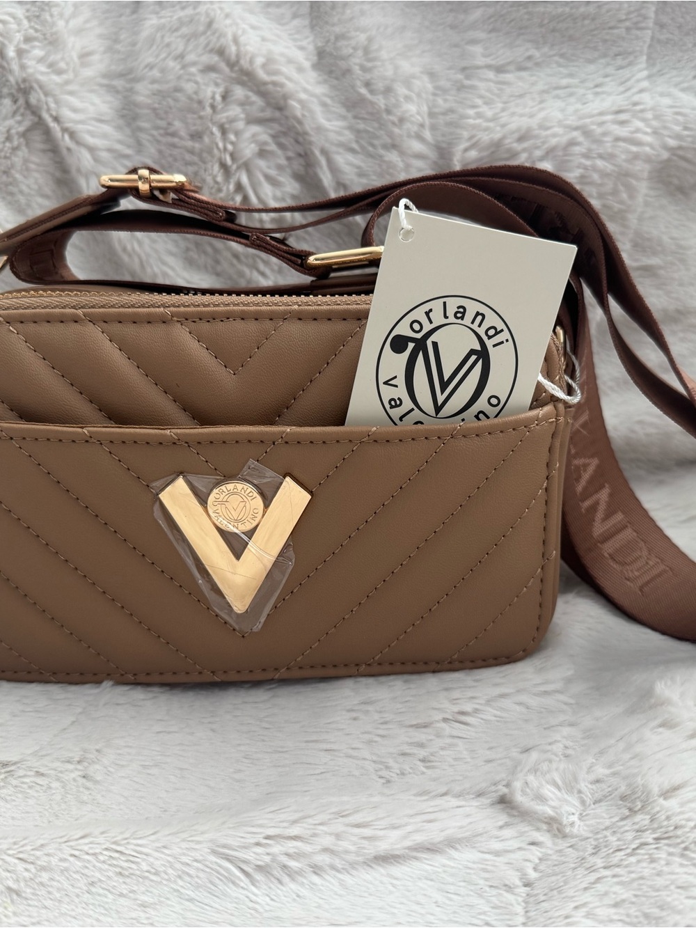 Valentino Orlandi Quilted Crossbody Bag in Taupe with Gold V Logo